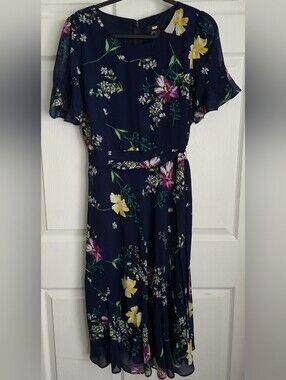 DKNY Navy Floral Flutter Sleeve Belted Midi Dress Sz 14 DD1A3843 NMU Cottagecore